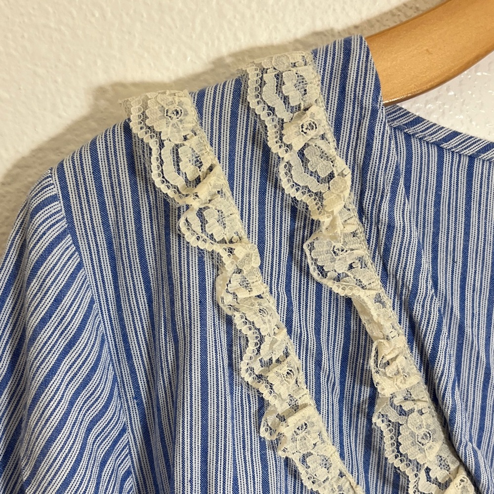 Denim 24/7 Blue Cotton Plus Size Striped Cream Lace-Trim Peasant Top - Picture 3 of 11